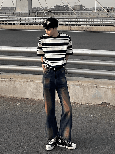 Washed contrast color wide leg jeans NA664